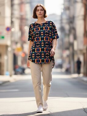 LuLaRoe Navy Geometric High-Low Tunic with Orange & Teal Accents